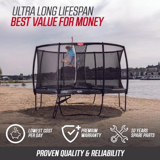 Berg Ultim Champion Regular Trampoline | 410CM/ 13FT | Safety Net Deluxe XL | Grey | 32.35.94.31