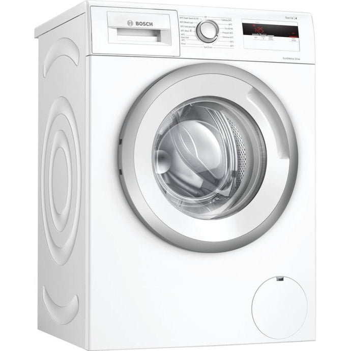 white washing machine with white and silver door from side view