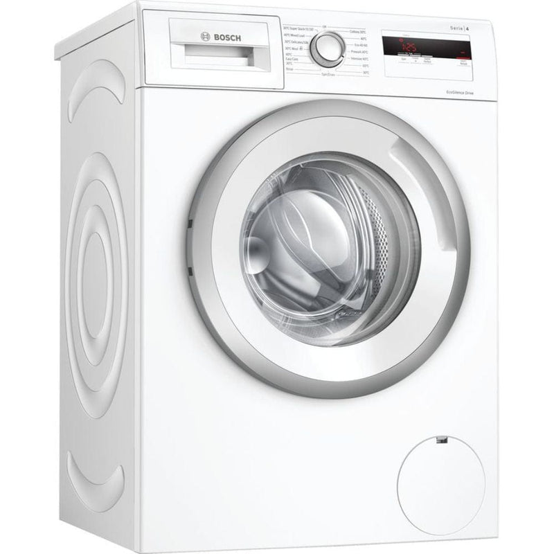Załaduj obraz do przeglądarki galerii, white washing machine with white and silver door from side view
