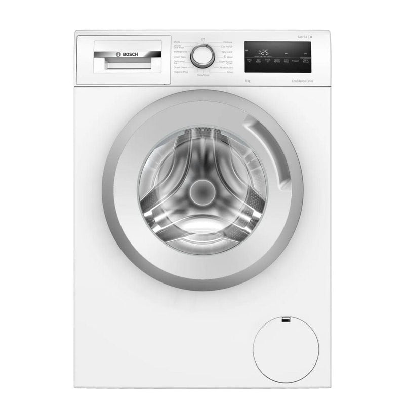 Load image into Gallery viewer, white washing machine with white and silver door from front view
