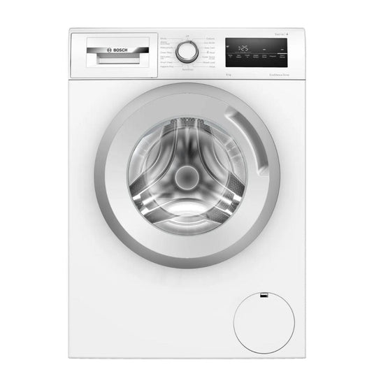 white washing machine with white and silver door from front view