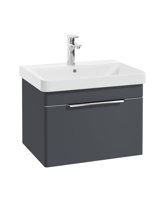 wall hung vanity unit in night sky blue with a single drawer, chrome tap and handle, white basin