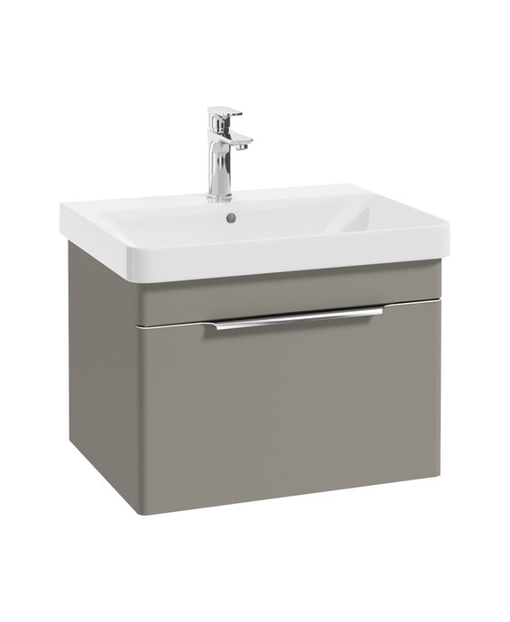 khaki wall hung vanity unit with a single drawer, chrome tap and handle, white basin