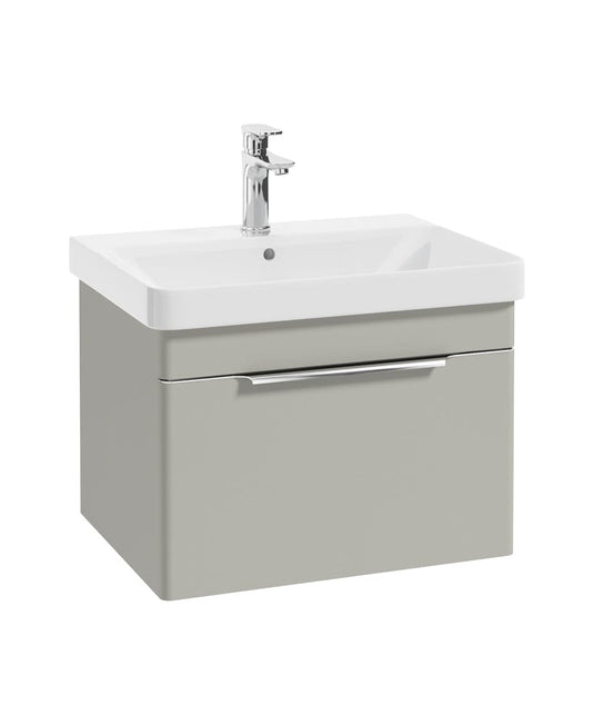 wall hung vanity unit in arctic grey with a single drawer, chrome tap and handle, white basin