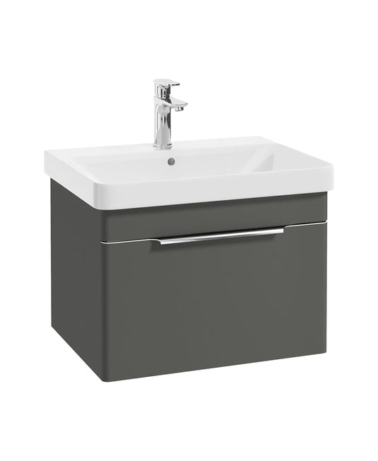 wall hung vanity unit in dolphin grey with a single drawer, chrome handle and tap, white basin
