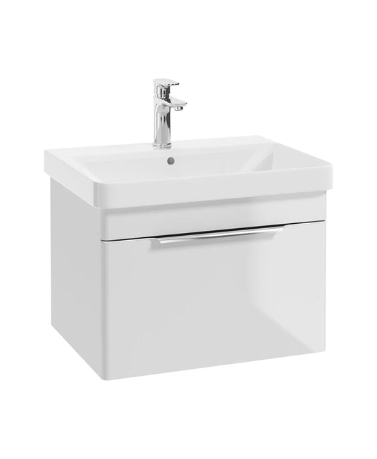 wall hung vanity unit in white, single drawer chrome handles and tap, white basin