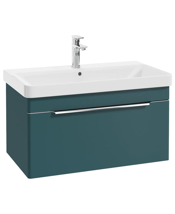 vanity unit in ocean blue with chrome handle and tap, white basin