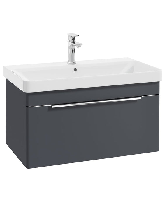 night sky blue wall hung vanity unit with a single drawer, chrome handle and tap, white basin