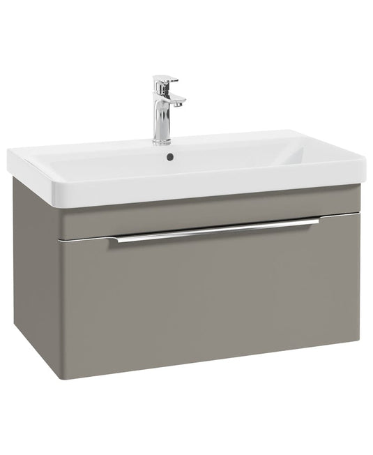 wall hung vanity unit in matt khaki with a single drawer, chrome tap and handle, white basin