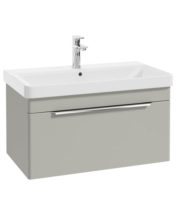 wall hung vanity unit in arctic grey, single drawer, chrome tap and handle, white basin