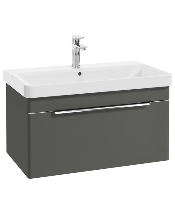 wall hung vanity unit in matt dolphin grey with a single drawer, chrome handle and tap and white basin