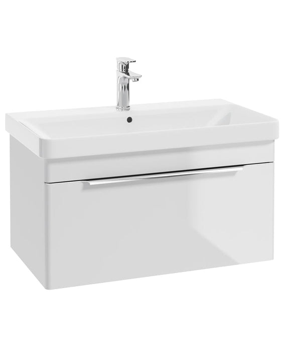 wall hung vanity unit with a single drawer and chrome tap and handle, gloss white basin