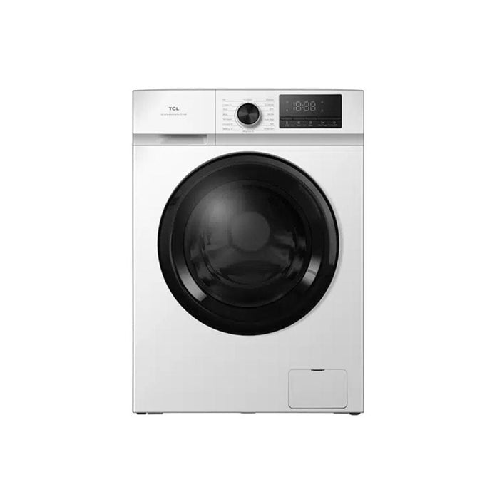 white washing machine with black door