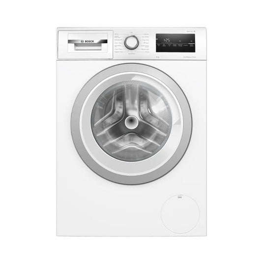white washing machine with white and silver door