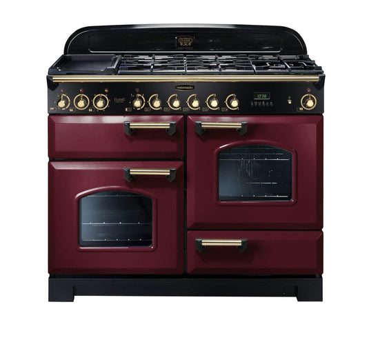 dual fuel rangemaster classic deluxe 110 in cranberry with brass trim