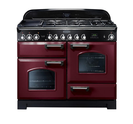 dual fuel rangemaster clasic deluxe 110 in cranberry with chrome trim
