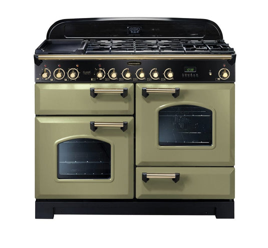 dual fuel rangemaster classic deluxe 110 in olive green with brass trim