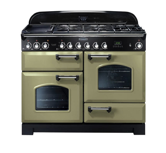 dual fuel rangemaster classic deluxe 110 in green olive with chrome trim