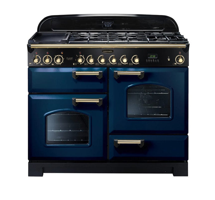 dual fuel rangemaster classic deluxe 110 in blue with brass trim
