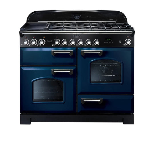 dual fuel rangemaster classic deluxe 110 in blue with chrome trim