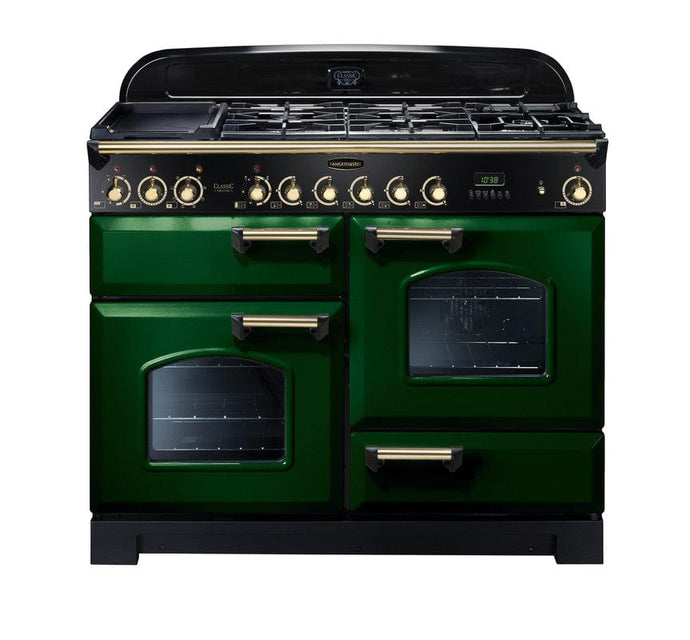 dual fuel rangemaster classic deluxe 110 in green with brass trim