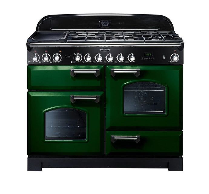 dual fuel rangemaster classic deluxe 110 in green with chrome trim