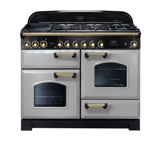 dual fuel rangemaster classic deluxe 110 in royal pearl with brass  trim