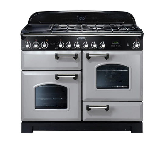 dual fuel rangemaster classic deluxe 110 in royal pearl with chrome trim