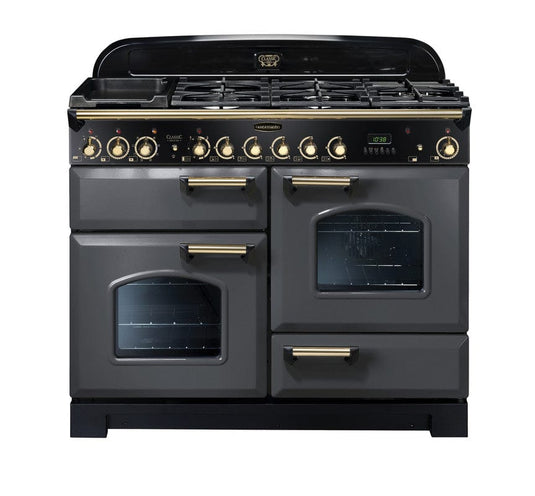 dual fuel rangemaster classic deluxe 110 in slate with brass trim