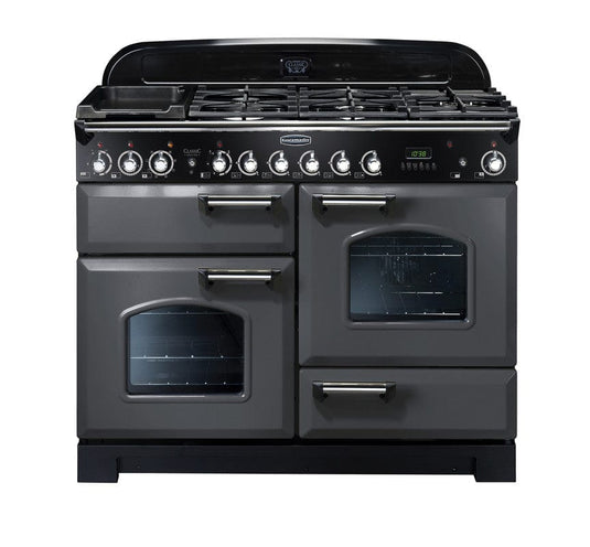 dual fuel rangemaster classic deluxe 110 in slate with chrome trim
