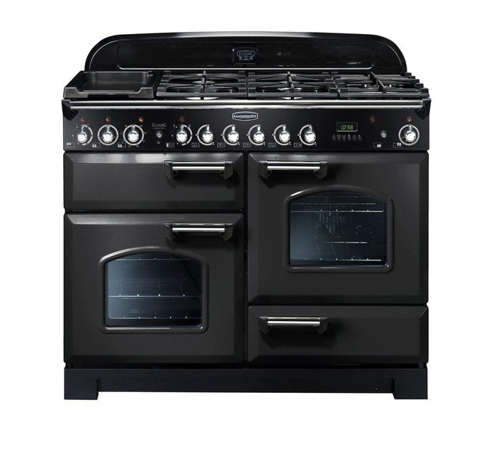 dual fuel rangemaster classic deluxe 110 in charcoal black with chrome trim