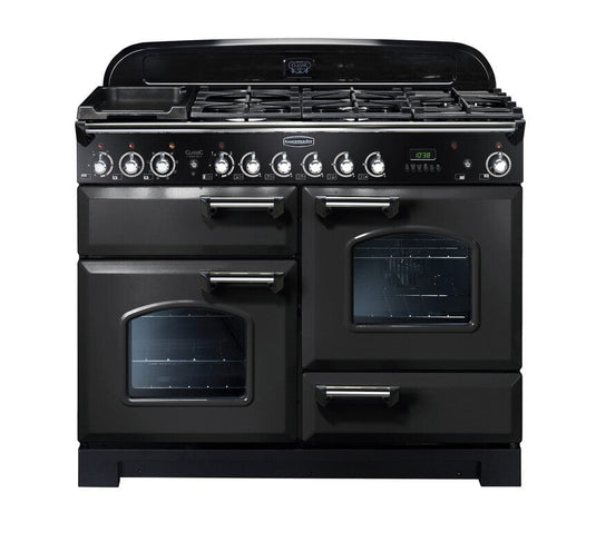 dual fuel rangemaster classic deluxe 110 in charcoal black with chrome trim