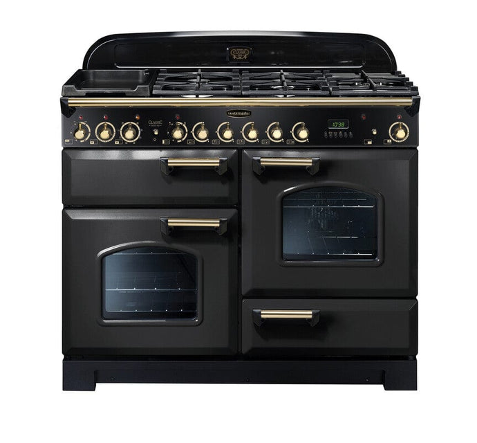 dual fuel rangemaster classic deluxe 110 in charcoal black with brass trim