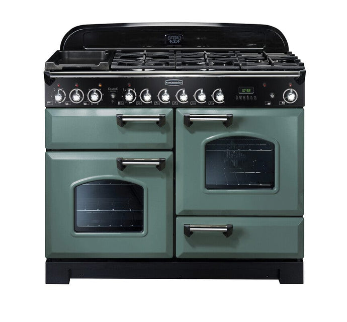 dual fuel rangemaster classic deluxe 110 in mineral green with chrome trim