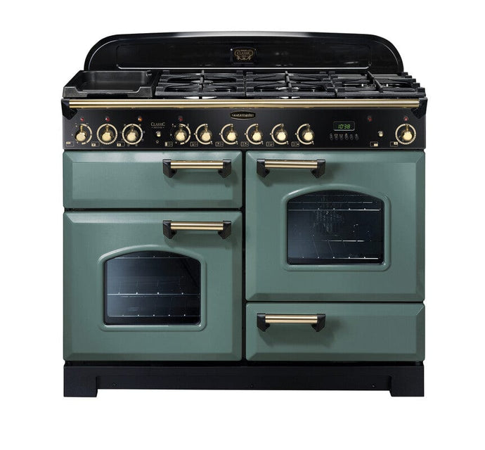 dual fuel rangemaster classic deluxe 110 in mineral green with brass trim