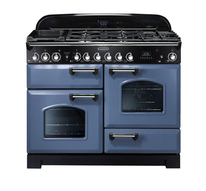 dual fuel rangemaster classic deluxe 110 in stone blue with chrome trim