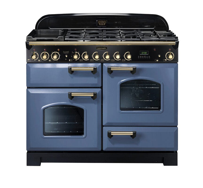 dual fuel rangemaster classic deluxe 110 in stone blue with brass trim
