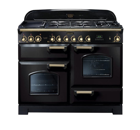 dual fuel rangemaster classic deluxe 110 in black with brass trim