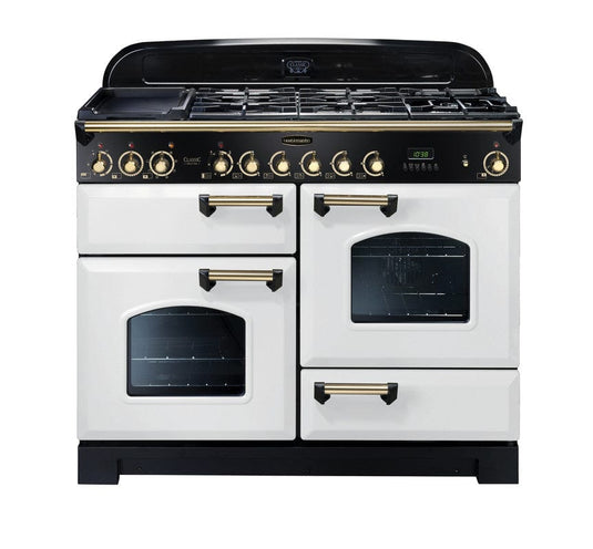 dual fuel rangemaster classic deluxe 110 in white with brass trim