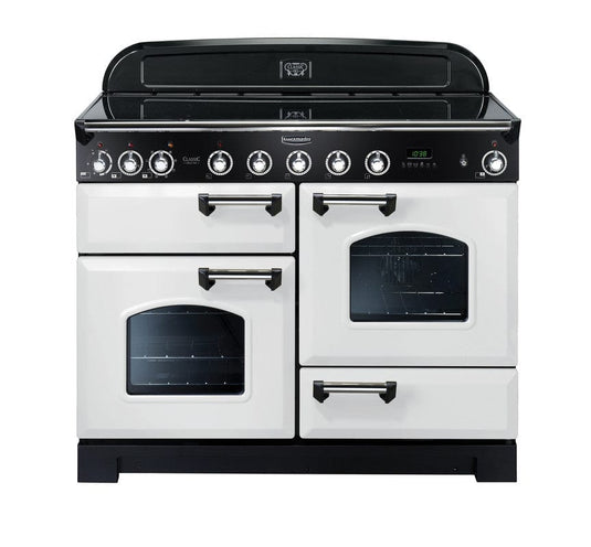 dual fuel rangemaster classic deluxe 110 in white with chrome trim