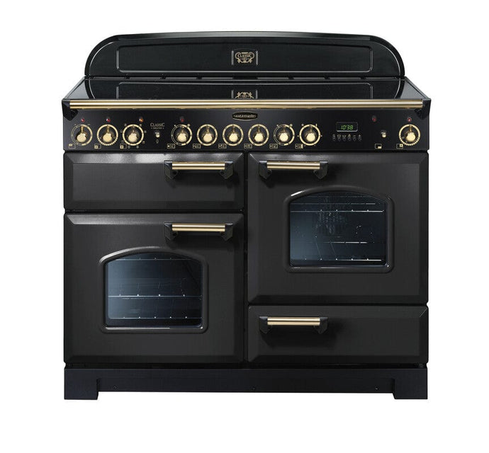 ceramic rangemaster classic deluxe 110 in charcoal black with brass trim