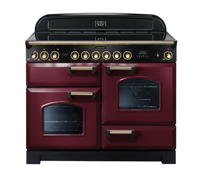 induction rangemaster classic deluxe 110 in cranberry with brass trim