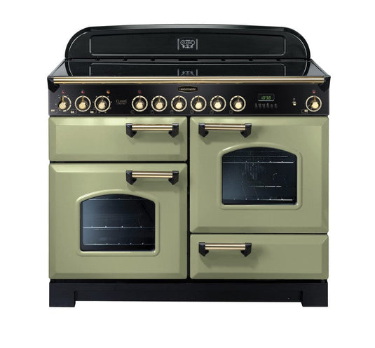 induction rangemaster classic deluxe 110 in olive green with brass trim