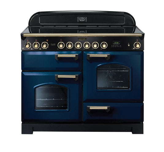 induction rangemaster classic deluxe 110 in blue with brass trim