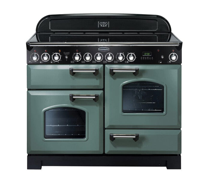 induction rangemaster classic deluxe 110 in mineral green with chrome trim