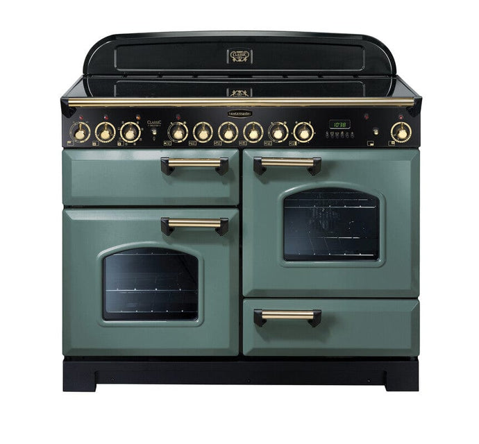 induction rangemaster classic deluxe 110 in mineral green with brass trim