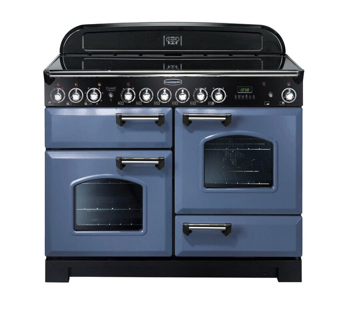 induction rangemaster classic deluxe 110 in stone blue with chrome trim