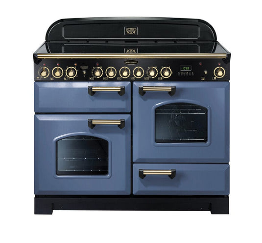 induction rangemaster classic deluxe 110 in stone blue with brass trim