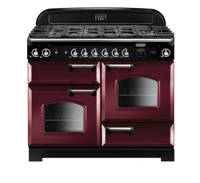dual fuel rangemaster classic 110 in cranberry with chrome trim