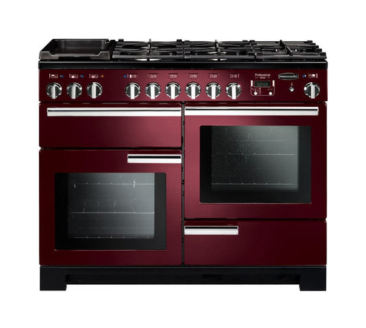 dual fuel rangemaster professional deluxe 110 in cranberry with chrome trim